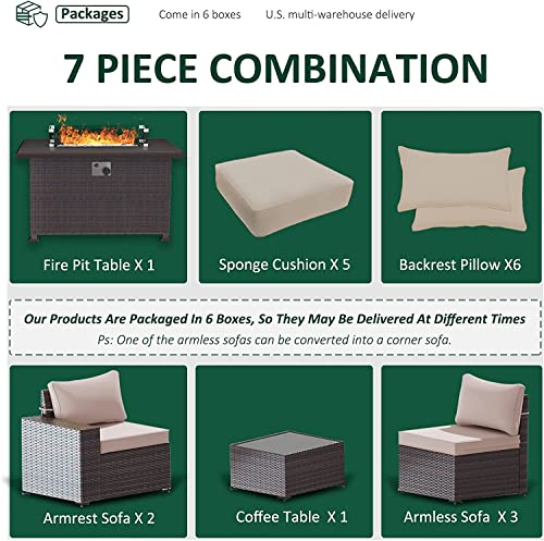 RTDTD Outdoor Patio Furniture Set with Propane Fire Pit Table, 13 Pieces Outdoor Furniture Patio Sectional Sofa Conversation Sets w/ETL Approved 43" Gas Outdoor Fire Table & Coffee Table (Brown)