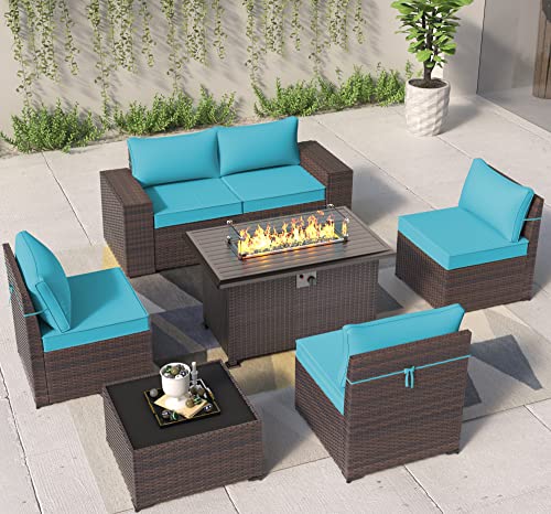 ASJMR Outdoor Patio Furniture Set with Fire Pit Table, 13 Pieces Outdoor Furniture Set Patio Sectional Sofa w/43in Propane Fire Pit, PE Wicker Rattan Patio Conversation Sets - Grey