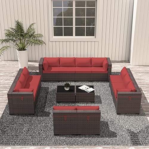 ASJMR Outdoor Patio Furniture Set with Fire Pit Table, 13 Pieces Outdoor Furniture Set Patio Sectional Sofa w/43in Propane Fire Pit, PE Wicker Rattan Patio Conversation Sets - Grey