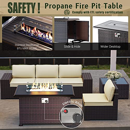 RTDTD Outdoor Patio Furniture Set with Propane Fire Pit Table, 13 Pieces Outdoor Furniture Patio Sectional Sofa Conversation Sets w/ETL Approved 43" Gas Outdoor Fire Table & Coffee Table (Brown)