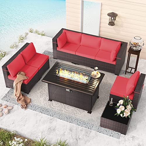 RTDTD Outdoor Patio Furniture Set with Propane Fire Pit Table, 13 Pieces Outdoor Furniture Patio Sectional Sofa Conversation Sets w/ETL Approved 43" Gas Outdoor Fire Table & Coffee Table (Brown)