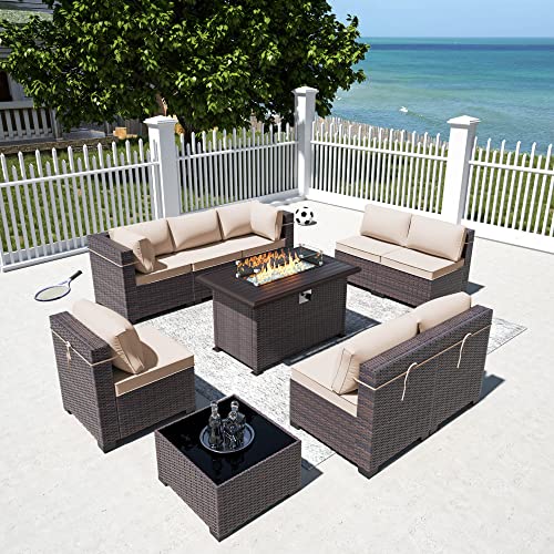 RTDTD Outdoor Patio Furniture Set with Propane Fire Pit Table, 13 Pieces Outdoor Furniture Patio Sectional Sofa Conversation Sets w/ETL Approved 43" Gas Outdoor Fire Table & Coffee Table (Brown)