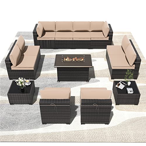 ASJMR Outdoor Patio Furniture Set with Fire Pit Table, 13 Pieces Outdoor Furniture Set Patio Sectional Sofa w/43in Propane Fire Pit, PE Wicker Rattan Patio Conversation Sets - Grey