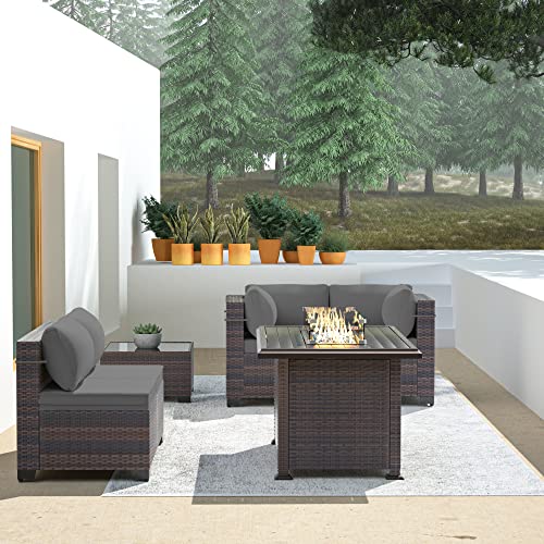 ASJMR Outdoor Patio Furniture Set with Fire Pit Table, 13 Pieces Outdoor Furniture Set Patio Sectional Sofa w/43in Propane Fire Pit, PE Wicker Rattan Patio Conversation Sets - Grey