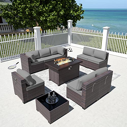 RTDTD Outdoor Patio Furniture Set with Propane Fire Pit Table, 13 Pieces Outdoor Furniture Patio Sectional Sofa Conversation Sets w/ETL Approved 43" Gas Outdoor Fire Table & Coffee Table (Brown)
