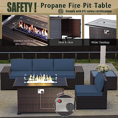 RTDTD Outdoor Patio Furniture Set with Propane Fire Pit Table, 13 Pieces Outdoor Furniture Patio Sectional Sofa Conversation Sets w/ETL Approved 43" Gas Outdoor Fire Table & Coffee Table (Brown)