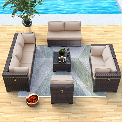 ASJMR Outdoor Patio Furniture Set with Fire Pit Table, 13 Pieces Outdoor Furniture Set Patio Sectional Sofa w/43in Propane Fire Pit, PE Wicker Rattan Patio Conversation Sets - Grey