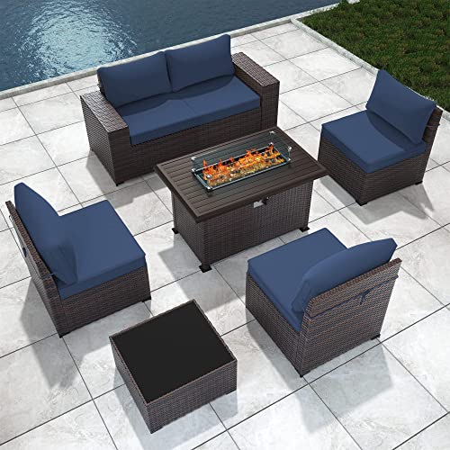 ASJMR Outdoor Patio Furniture Set with Fire Pit Table, 13 Pieces Outdoor Furniture Set Patio Sectional Sofa w/43in Propane Fire Pit, PE Wicker Rattan Patio Conversation Sets - Grey