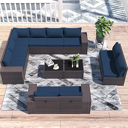 ASJMR Outdoor Patio Furniture Set with Fire Pit Table, 13 Pieces Outdoor Furniture Set Patio Sectional Sofa w/43in Propane Fire Pit, PE Wicker Rattan Patio Conversation Sets - Grey