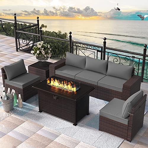 RTDTD Outdoor Patio Furniture Set with Propane Fire Pit Table, 13 Pieces Outdoor Furniture Patio Sectional Sofa Conversation Sets w/ETL Approved 43" Gas Outdoor Fire Table & Coffee Table (Brown)