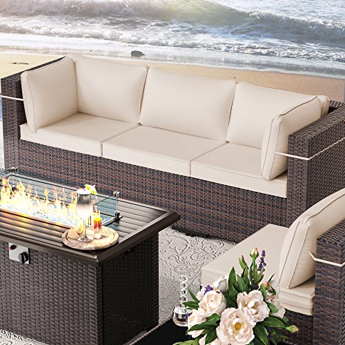 RTDTD Outdoor Patio Furniture Set with Propane Fire Pit Table, 13 Pieces Outdoor Furniture Patio Sectional Sofa Conversation Sets w/ETL Approved 43" Gas Outdoor Fire Table & Coffee Table (Brown)