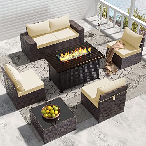 RTDTD Outdoor Patio Furniture Set with Propane Fire Pit Table, 13 Pieces Outdoor Furniture Patio Sectional Sofa Conversation Sets w/ETL Approved 43" Gas Outdoor Fire Table & Coffee Table (Brown)