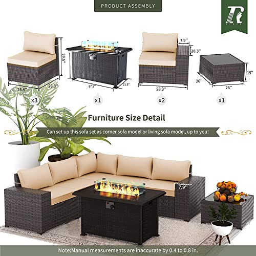 RTDTD Outdoor Patio Furniture Set with Propane Fire Pit Table, 13 Pieces Outdoor Furniture Patio Sectional Sofa Conversation Sets w/ETL Approved 43" Gas Outdoor Fire Table & Coffee Table (Brown)