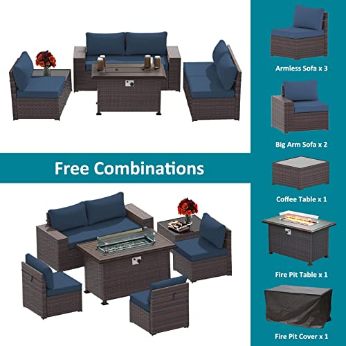 ASJMR Outdoor Patio Furniture Set with Fire Pit Table, 13 Pieces Outdoor Furniture Set Patio Sectional Sofa w/43in Propane Fire Pit, PE Wicker Rattan Patio Conversation Sets - Grey