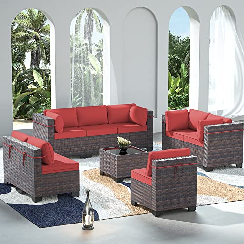 ASJMR Outdoor Patio Furniture Set with Fire Pit Table, 13 Pieces Outdoor Furniture Set Patio Sectional Sofa w/43in Propane Fire Pit, PE Wicker Rattan Patio Conversation Sets - Grey