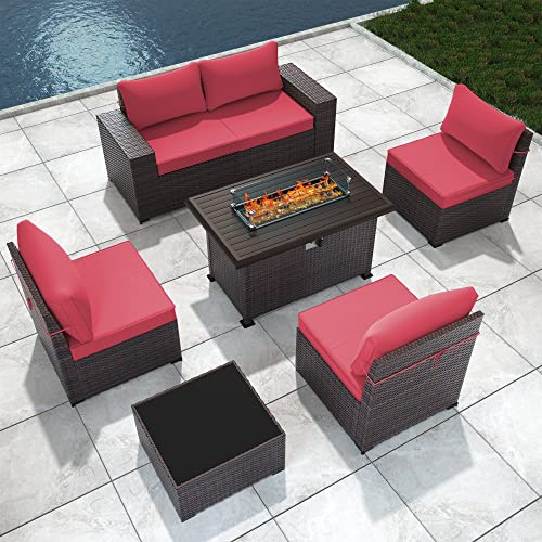 ASJMR Outdoor Patio Furniture Set with Fire Pit Table, 13 Pieces Outdoor Furniture Set Patio Sectional Sofa w/43in Propane Fire Pit, PE Wicker Rattan Patio Conversation Sets - Grey
