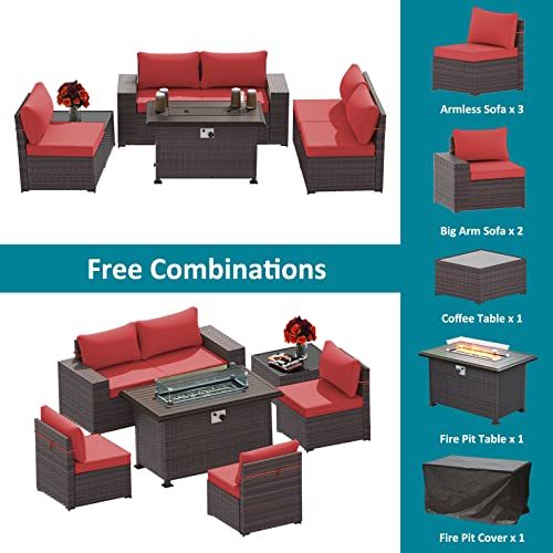 ASJMR Outdoor Patio Furniture Set with Fire Pit Table, 13 Pieces Outdoor Furniture Set Patio Sectional Sofa w/43in Propane Fire Pit, PE Wicker Rattan Patio Conversation Sets - Grey