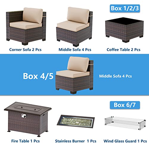 ASJMR Outdoor Patio Furniture Set with Fire Pit Table, 13 Pieces Outdoor Furniture Set Patio Sectional Sofa w/43in Propane Fire Pit, PE Wicker Rattan Patio Conversation Sets - Grey