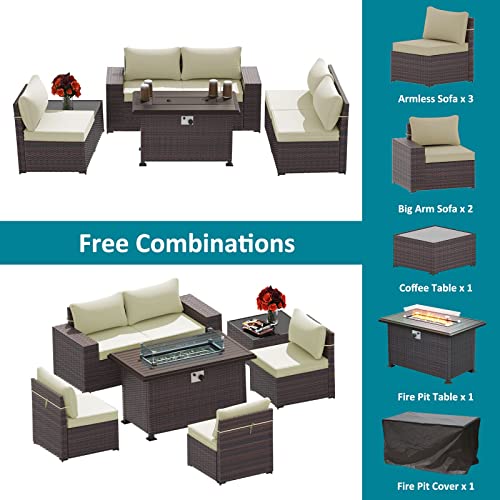 ASJMR Outdoor Patio Furniture Set with Fire Pit Table, 13 Pieces Outdoor Furniture Set Patio Sectional Sofa w/43in Propane Fire Pit, PE Wicker Rattan Patio Conversation Sets - Grey