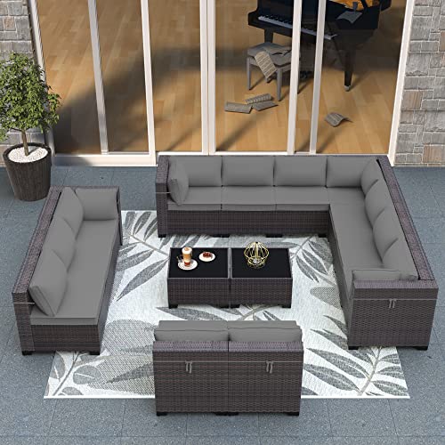 ASJMR Outdoor Patio Furniture Set with Fire Pit Table, 13 Pieces Outdoor Furniture Set Patio Sectional Sofa w/43in Propane Fire Pit, PE Wicker Rattan Patio Conversation Sets - Grey
