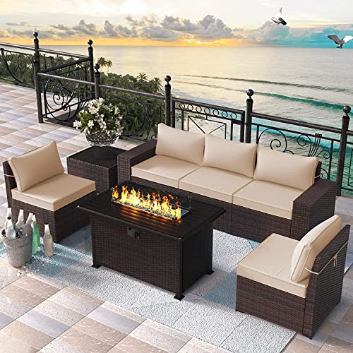 RTDTD Outdoor Patio Furniture Set with Propane Fire Pit Table, 13 Pieces Outdoor Furniture Patio Sectional Sofa Conversation Sets w/ETL Approved 43" Gas Outdoor Fire Table & Coffee Table (Brown)