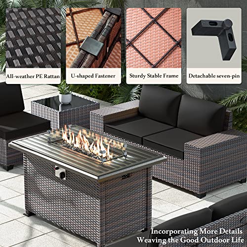 RTDTD Outdoor Patio Furniture Set with Propane Fire Pit Table, 13 Pieces Outdoor Furniture Patio Sectional Sofa Conversation Sets w/ETL Approved 43" Gas Outdoor Fire Table & Coffee Table (Brown)