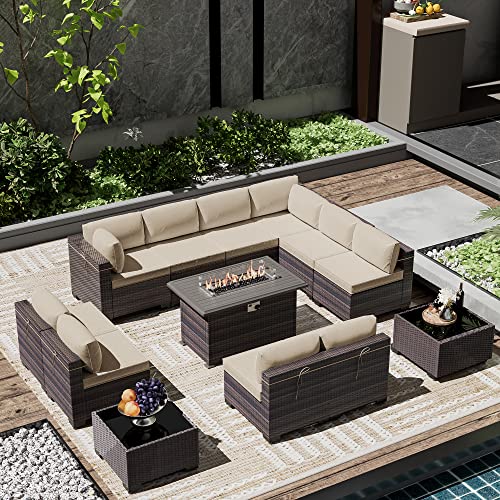 ASJMR Outdoor Patio Furniture Set with Fire Pit Table, 13 Pieces Outdoor Furniture Set Patio Sectional Sofa w/43in Propane Fire Pit, PE Wicker Rattan Patio Conversation Sets - Grey