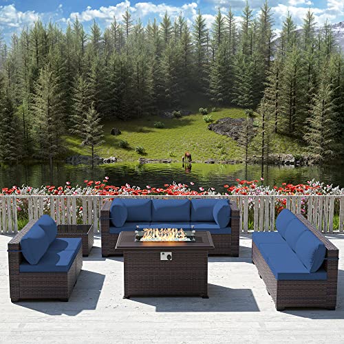 RTDTD Outdoor Patio Furniture Set with Propane Fire Pit Table, 13 Pieces Outdoor Furniture Patio Sectional Sofa Conversation Sets w/ETL Approved 43" Gas Outdoor Fire Table & Coffee Table (Brown)
