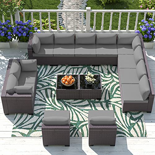 ASJMR Outdoor Patio Furniture Set with Fire Pit Table, 13 Pieces Outdoor Furniture Set Patio Sectional Sofa w/43in Propane Fire Pit, PE Wicker Rattan Patio Conversation Sets - Grey