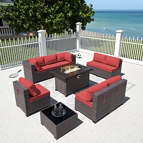 RTDTD Outdoor Patio Furniture Set with Propane Fire Pit Table, 13 Pieces Outdoor Furniture Patio Sectional Sofa Conversation Sets w/ETL Approved 43" Gas Outdoor Fire Table & Coffee Table (Brown)