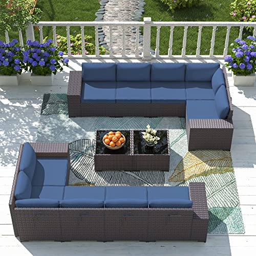 ASJMR Outdoor Patio Furniture Set with Fire Pit Table, 13 Pieces Outdoor Furniture Set Patio Sectional Sofa w/43in Propane Fire Pit, PE Wicker Rattan Patio Conversation Sets - Grey