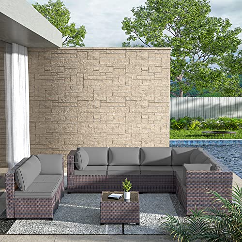 ASJMR Outdoor Patio Furniture Set with Fire Pit Table, 13 Pieces Outdoor Furniture Set Patio Sectional Sofa w/43in Propane Fire Pit, PE Wicker Rattan Patio Conversation Sets - Grey