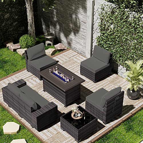 ASJMR Outdoor Patio Furniture Set with Fire Pit Table, 13 Pieces Outdoor Furniture Set Patio Sectional Sofa w/43in Propane Fire Pit, PE Wicker Rattan Patio Conversation Sets - Grey