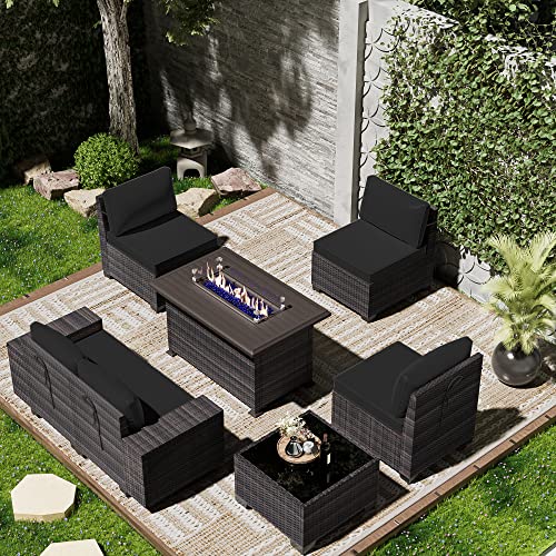 ASJMR Outdoor Patio Furniture Set with Fire Pit Table, 13 Pieces Outdoor Furniture Set Patio Sectional Sofa w/43in Propane Fire Pit, PE Wicker Rattan Patio Conversation Sets - Grey