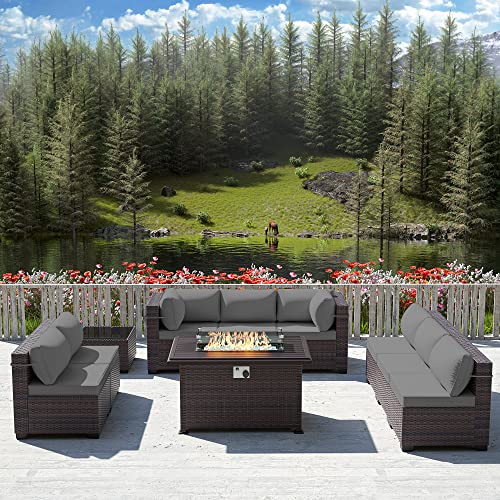 RTDTD Outdoor Patio Furniture Set with Propane Fire Pit Table, 13 Pieces Outdoor Furniture Patio Sectional Sofa Conversation Sets w/ETL Approved 43" Gas Outdoor Fire Table & Coffee Table (Brown)
