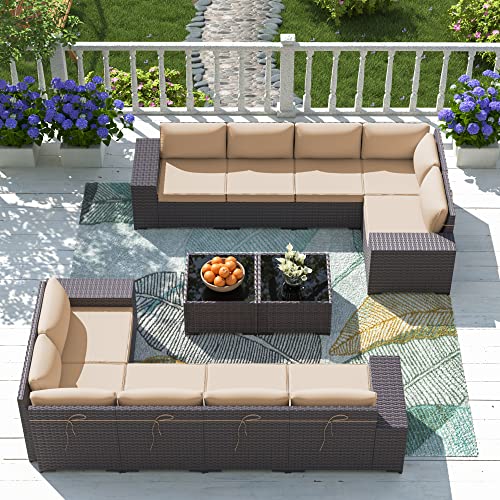 ASJMR Outdoor Patio Furniture Set with Fire Pit Table, 13 Pieces Outdoor Furniture Set Patio Sectional Sofa w/43in Propane Fire Pit, PE Wicker Rattan Patio Conversation Sets - Grey