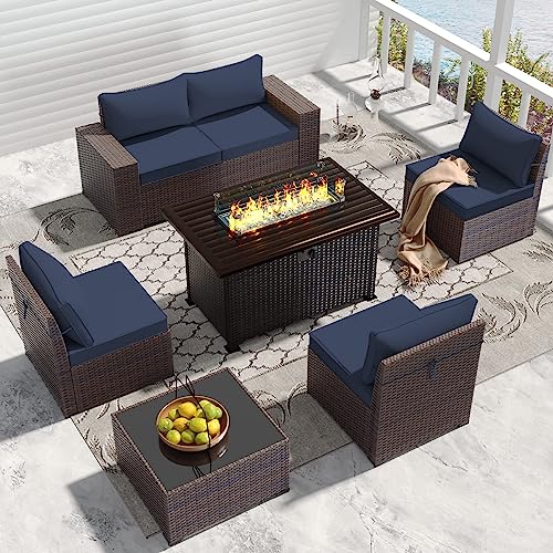 RTDTD Outdoor Patio Furniture Set with Propane Fire Pit Table, 13 Pieces Outdoor Furniture Patio Sectional Sofa Conversation Sets w/ETL Approved 43" Gas Outdoor Fire Table & Coffee Table (Brown)