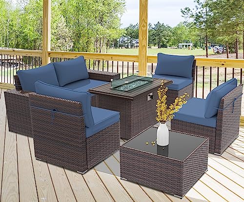 RTDTD Outdoor Patio Furniture Set with Propane Fire Pit Table, 13 Pieces Outdoor Furniture Patio Sectional Sofa Conversation Sets w/ETL Approved 43" Gas Outdoor Fire Table & Coffee Table (Brown)