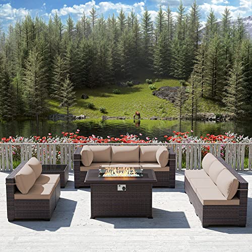 RTDTD Outdoor Patio Furniture Set with Propane Fire Pit Table, 13 Pieces Outdoor Furniture Patio Sectional Sofa Conversation Sets w/ETL Approved 43" Gas Outdoor Fire Table & Coffee Table (Brown)