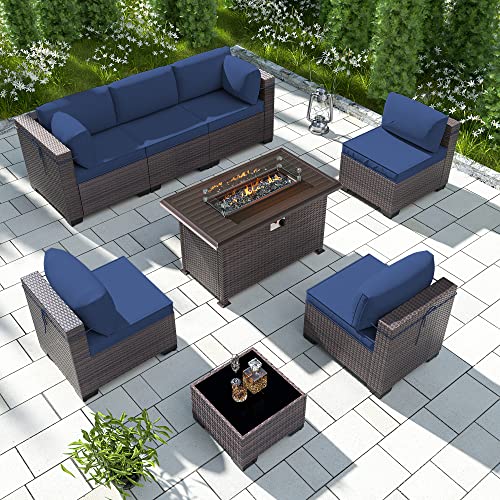 RTDTD Outdoor Patio Furniture Set with Propane Fire Pit Table, 13 Pieces Outdoor Furniture Patio Sectional Sofa Conversation Sets w/ETL Approved 43" Gas Outdoor Fire Table & Coffee Table (Brown)