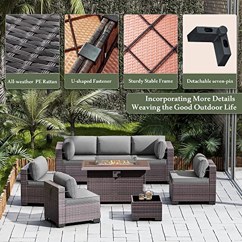 RTDTD Outdoor Patio Furniture Set with Propane Fire Pit Table, 13 Pieces Outdoor Furniture Patio Sectional Sofa Conversation Sets w/ETL Approved 43" Gas Outdoor Fire Table & Coffee Table (Brown)