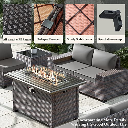 RTDTD Outdoor Patio Furniture Set with Propane Fire Pit Table, 13 Pieces Outdoor Furniture Patio Sectional Sofa Conversation Sets w/ETL Approved 43" Gas Outdoor Fire Table & Coffee Table (Brown)