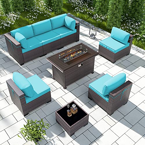 RTDTD Outdoor Patio Furniture Set with Propane Fire Pit Table, 13 Pieces Outdoor Furniture Patio Sectional Sofa Conversation Sets w/ETL Approved 43" Gas Outdoor Fire Table & Coffee Table (Brown)