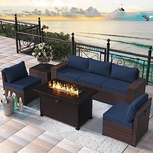 RTDTD Outdoor Patio Furniture Set with Propane Fire Pit Table, 13 Pieces Outdoor Furniture Patio Sectional Sofa Conversation Sets w/ETL Approved 43" Gas Outdoor Fire Table & Coffee Table (Brown)