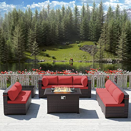 RTDTD Outdoor Patio Furniture Set with Propane Fire Pit Table, 13 Pieces Outdoor Furniture Patio Sectional Sofa Conversation Sets w/ETL Approved 43" Gas Outdoor Fire Table & Coffee Table (Brown)