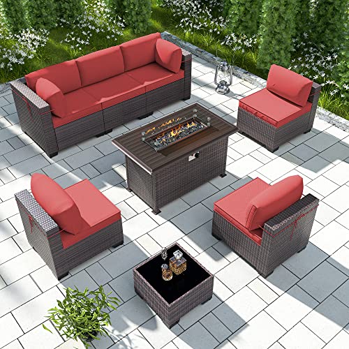 RTDTD Outdoor Patio Furniture Set with Propane Fire Pit Table, 13 Pieces Outdoor Furniture Patio Sectional Sofa Conversation Sets w/ETL Approved 43" Gas Outdoor Fire Table & Coffee Table (Brown)