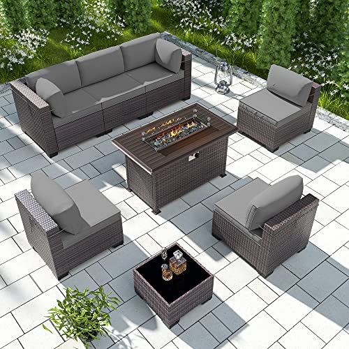 RTDTD Outdoor Patio Furniture Set with Propane Fire Pit Table, 13 Pieces Outdoor Furniture Patio Sectional Sofa Conversation Sets w/ETL Approved 43" Gas Outdoor Fire Table & Coffee Table (Brown)