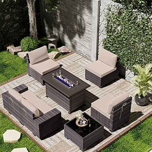 ASJMR Outdoor Patio Furniture Set with Fire Pit Table, 13 Pieces Outdoor Furniture Set Patio Sectional Sofa w/43in Propane Fire Pit, PE Wicker Rattan Patio Conversation Sets - Grey