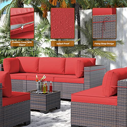 RTDTD Outdoor Patio Furniture Set with Propane Fire Pit Table, 13 Pieces Outdoor Furniture Patio Sectional Sofa Conversation Sets w/ETL Approved 43" Gas Outdoor Fire Table & Coffee Table (Brown)