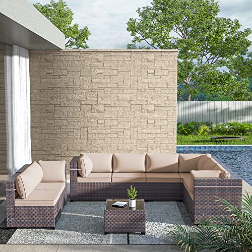 ASJMR Outdoor Patio Furniture Set with Fire Pit Table, 13 Pieces Outdoor Furniture Set Patio Sectional Sofa w/43in Propane Fire Pit, PE Wicker Rattan Patio Conversation Sets - Grey